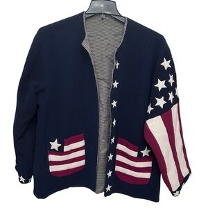 Women's Open Front Long Sleeve Cardigan Sweater Fleece Plus Size 3XL USA Flag